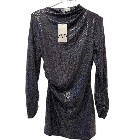 NWT Zara Black Dress Draped Multi Color Sequin Size Medium - Picture 3 of 6